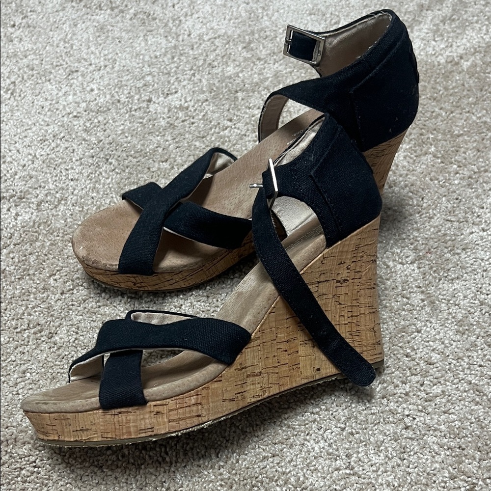 Toms Black and Tan Wedge Sandals